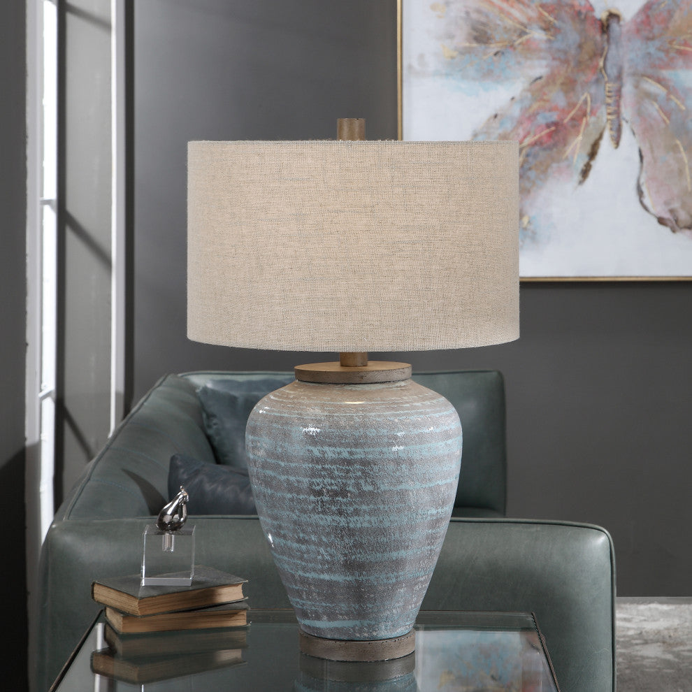 Rustic Bohemian Round Aqua Blue Gray Table Lamp, Ceramic Vintage Style Cottage