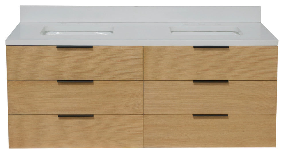 Oslo 60" Floating Wall Mounted Bathroom Vanity, Blonde, Matte White, Double
