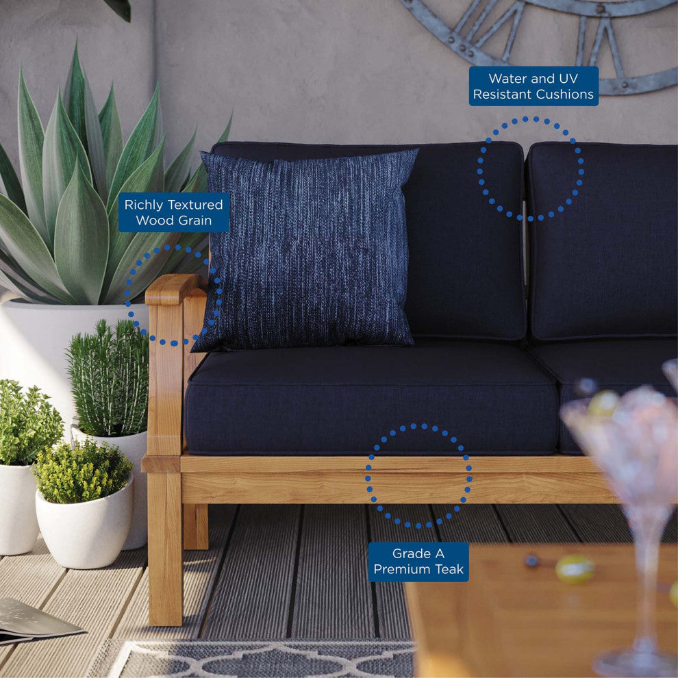 Lounge Sofa, Wood, Brown Natural Blue Navy, Modern, Outdoor Patio Balcony Garden