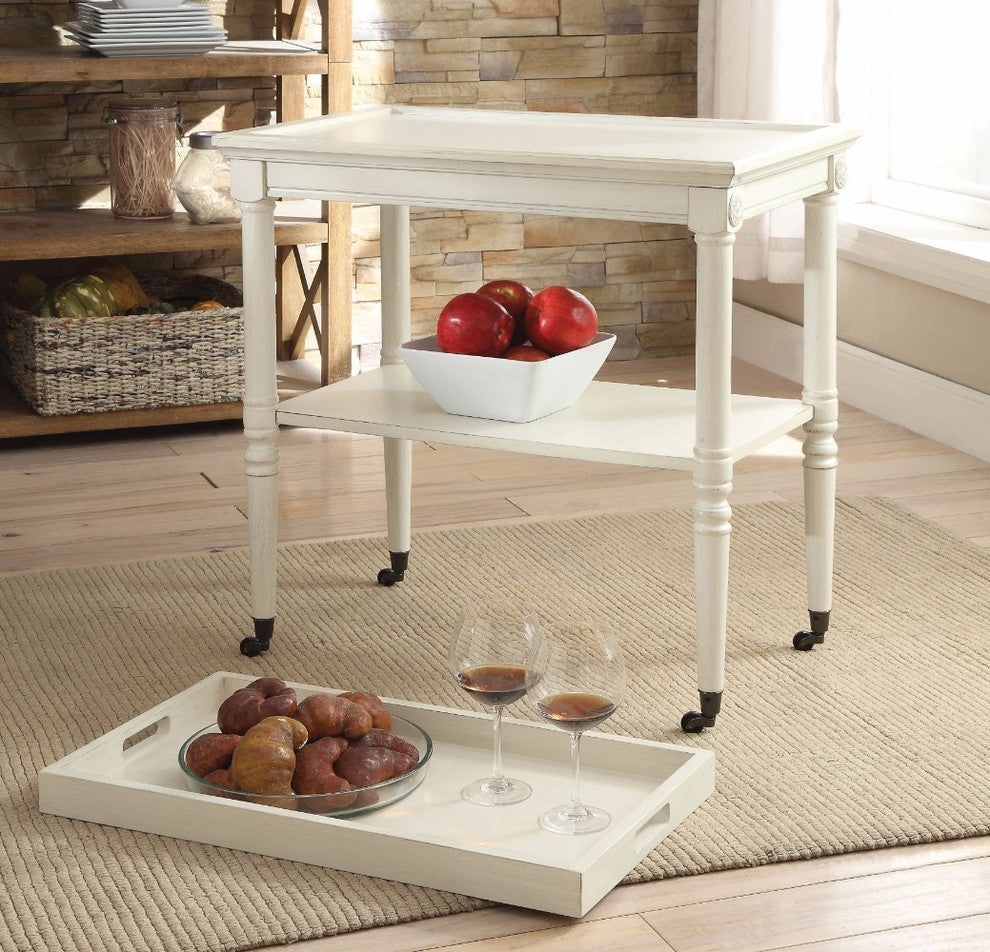 Benzara BM157309 Wooden Serving Tray Table, Antique White