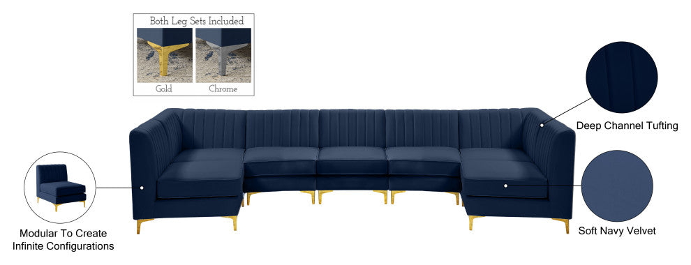 Alina Velvet Modular U-Shaped Sectional, Navy, 7-Piece: 5 Armless Chair, 2 Corner Chair