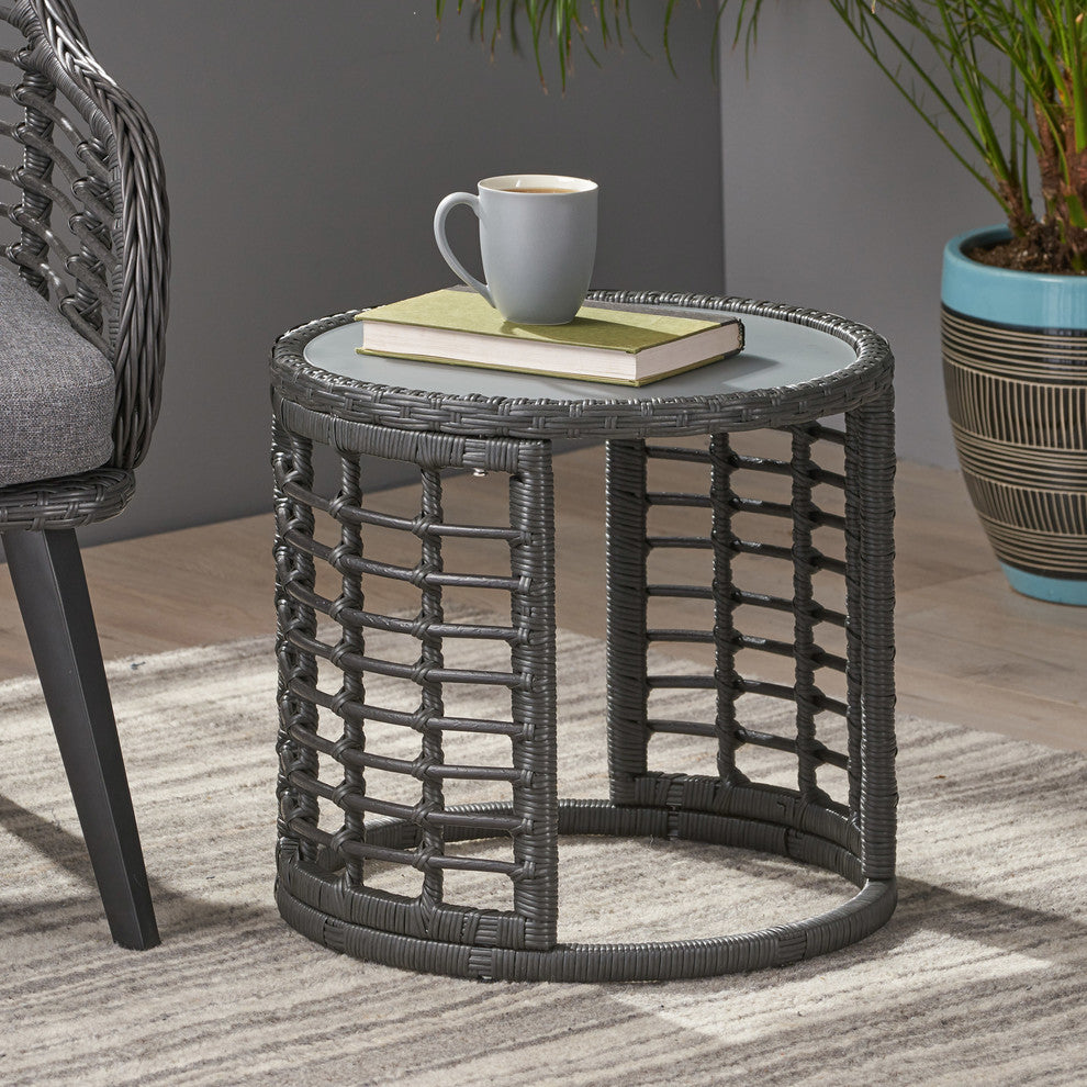 Anne Indoor Modern Boho Wicker Side Table With Tempered Glass Top, Gray