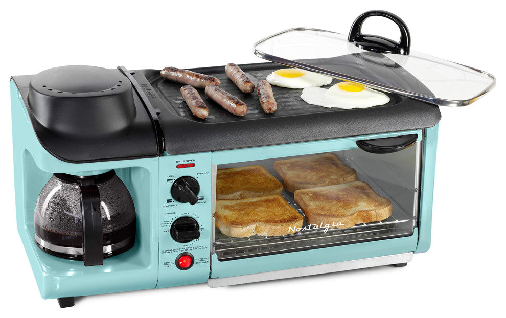3-in-1 Breakfast Station - Includes Coffee Maker, Non-Stick Griddle, and 4-Slice, Aqua Breakfast Station