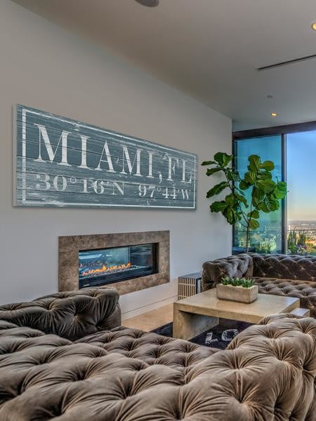 "Miami, FL" Painting Print on White Wood, 60"x20"