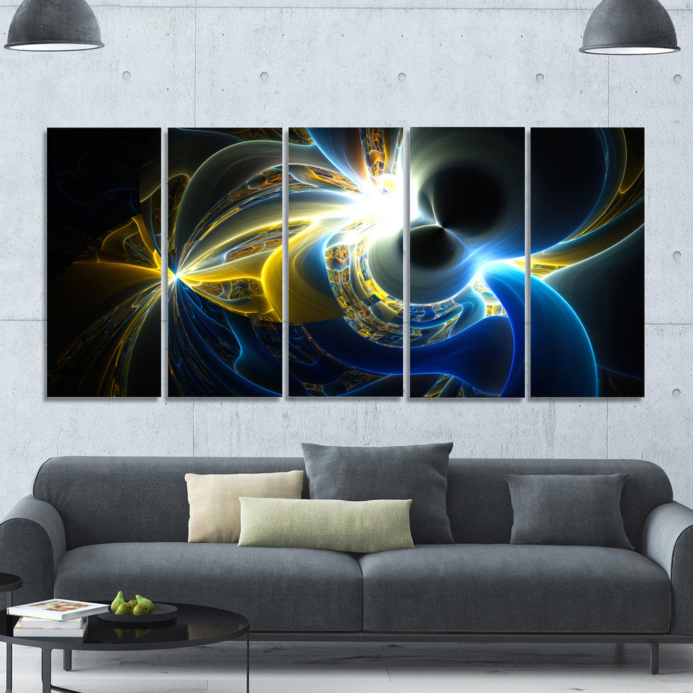 Glowing Blue Yellow Plasma, Abstract Wall Art Canvas, 60"x28", 5 Panels