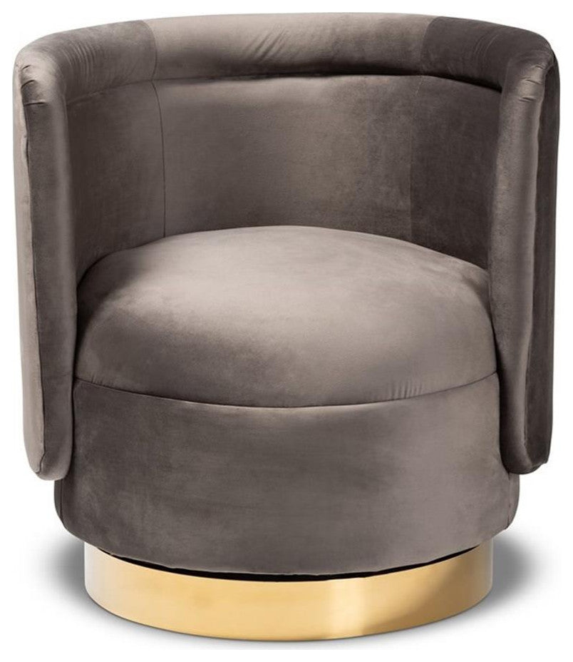 Baxton Studio Saffi Gray Velvet Upholstered Gold Finished Swivel Accent Chair