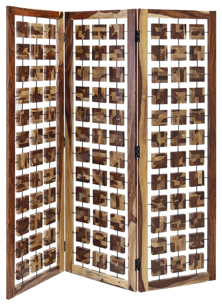 HomeRoots Contemporary Wood Squares 3 Panel Room Divider Screen