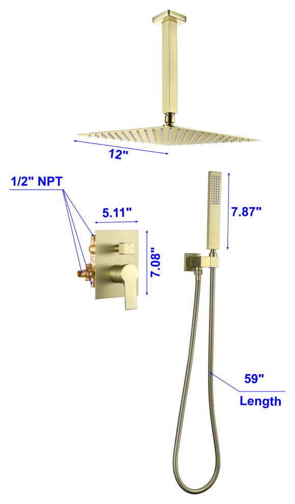 Wellfor Shower Faucet, 12" Ceiling Rain Shower Head With Handheld Combo Set