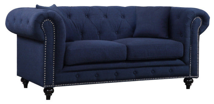 Chesterfield Linen Textured Fabric Upholstered Loveseat, Navy
