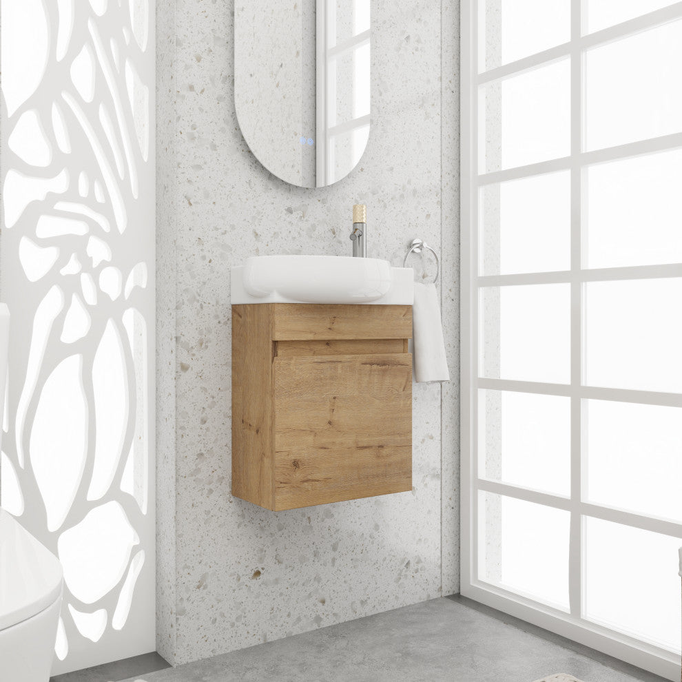 BNK 16 Inch Floating Bathroom Vanity With Sink, With 1 Soft Closing Door, Imitative Oak
