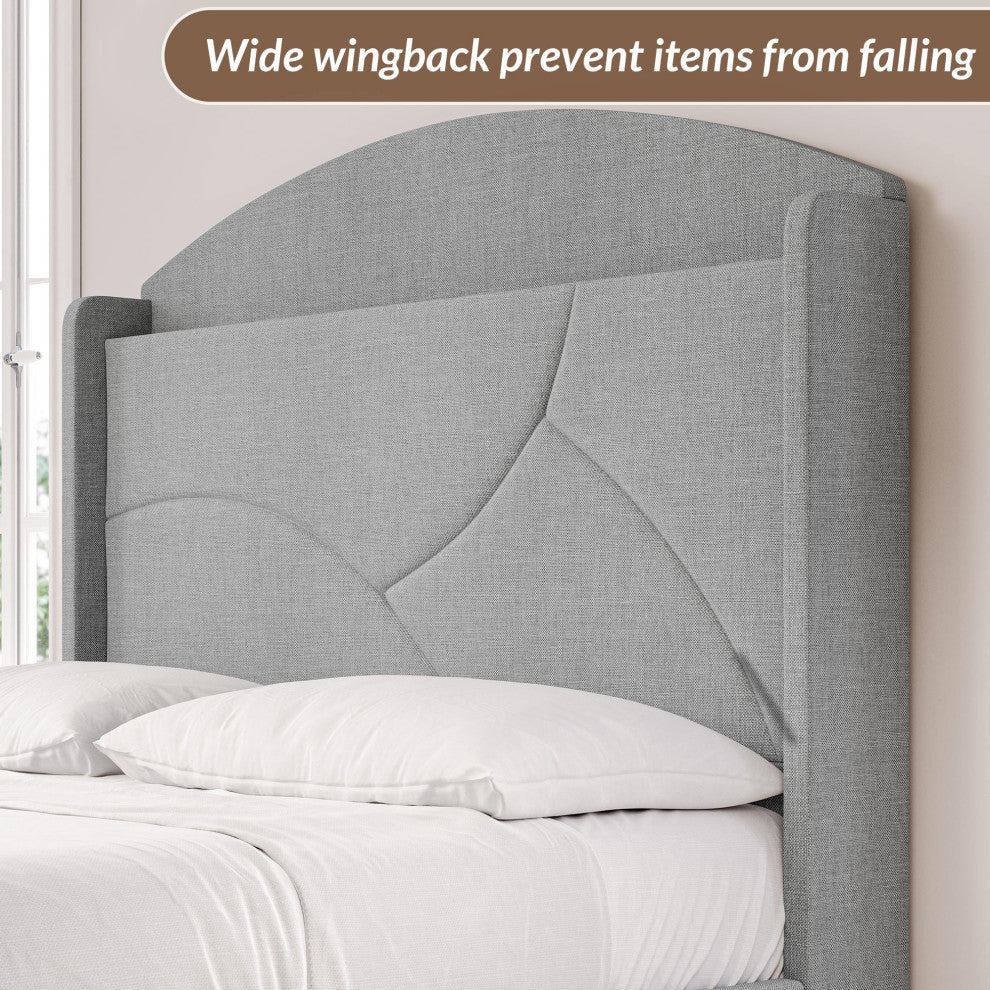 Upholstered Bed Frame W/Headboard Storage, LED Light & Outlets - Queen