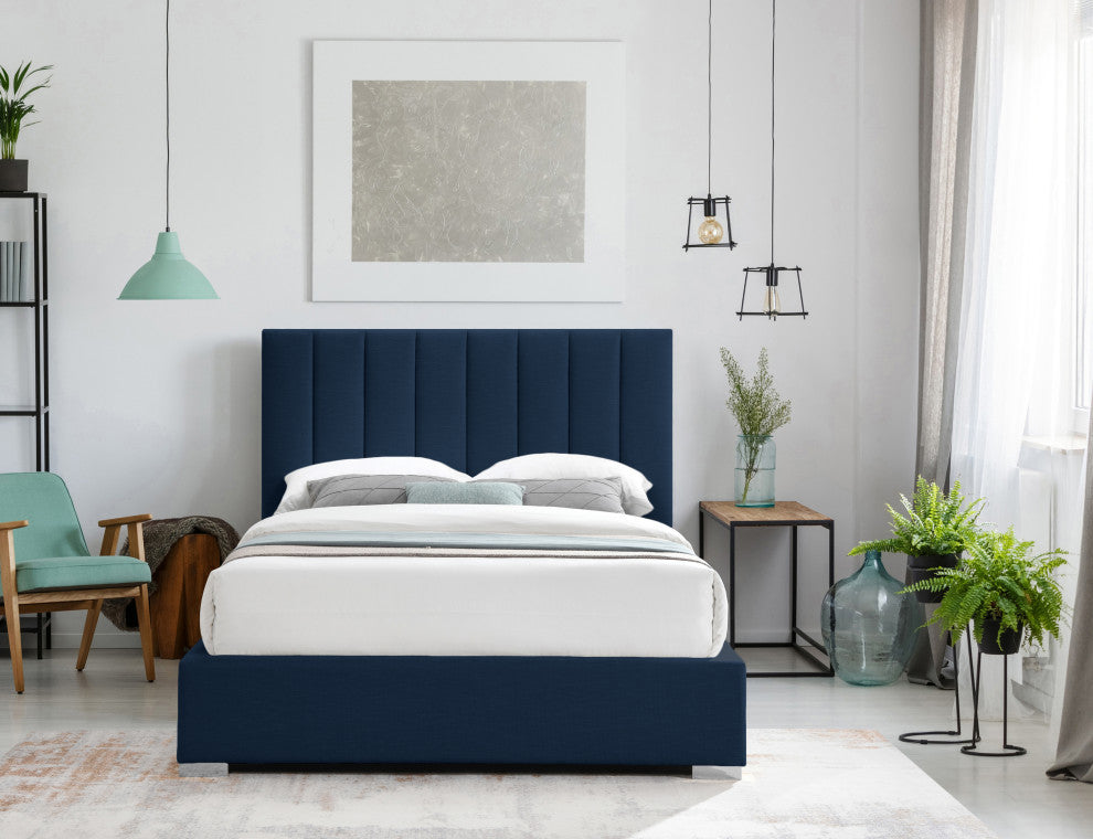 Pierce Linen Textured Fabric Upholstered Bed, Navy, Queen