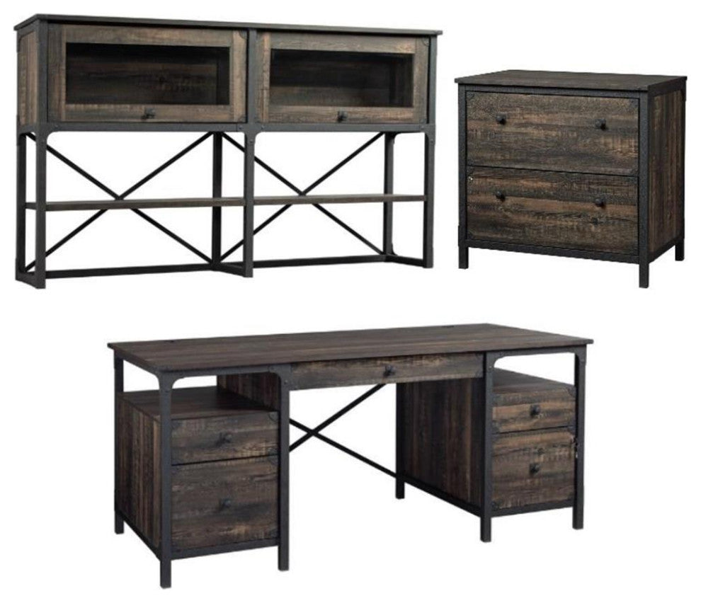 Home Square 3-Piece Set with Executive Desk Large Hutch & Lateral File
