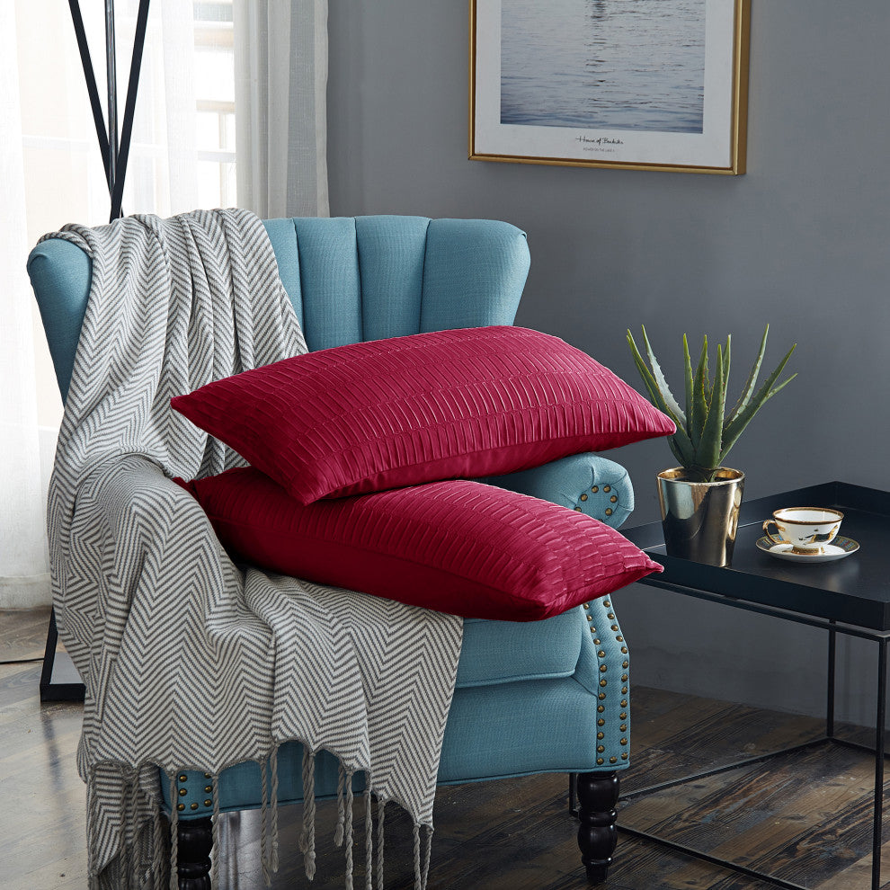 Pleated Velvet Pillow Covers, Set of 2, Garnet, 14"x26"