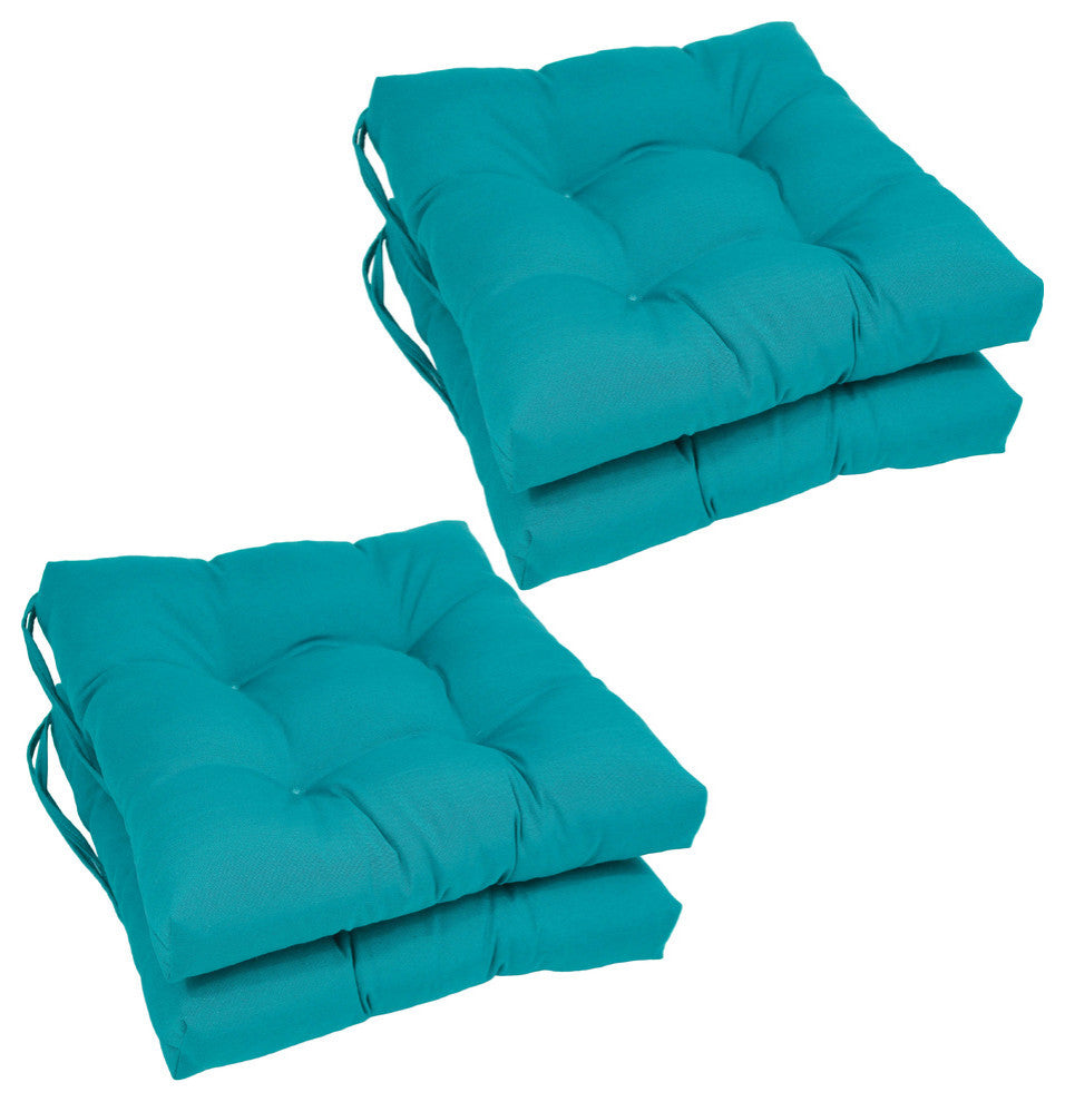 16" Solid Twill Square Tufted Chair Cushions, Set of 4, Aqua Blue