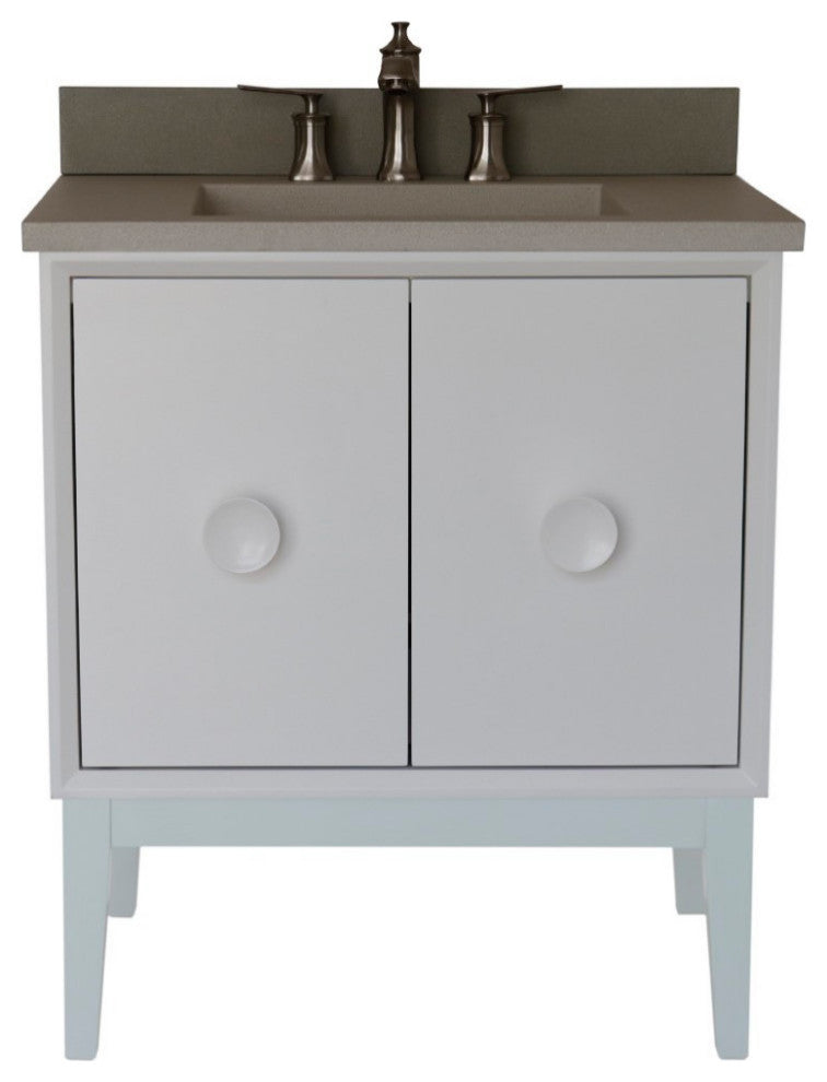 31" Single Vanity, White Finish With White Concrete Top And Rectangle Sink