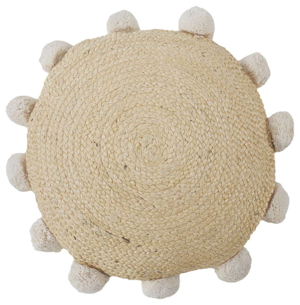 Natural Jute Throw Pillow with Pom Poms Border, Round