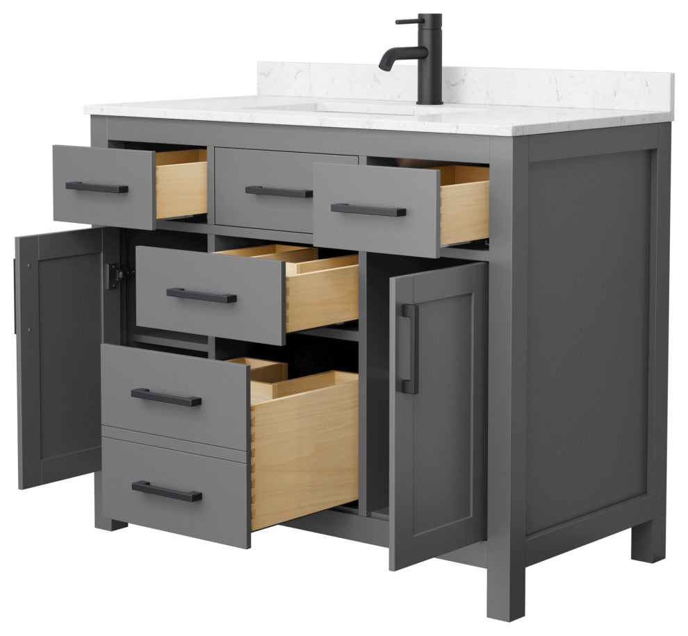 Beckett 42" Dark Gray Single Vanity, Carrara Cultured Marble Top, Black Trim