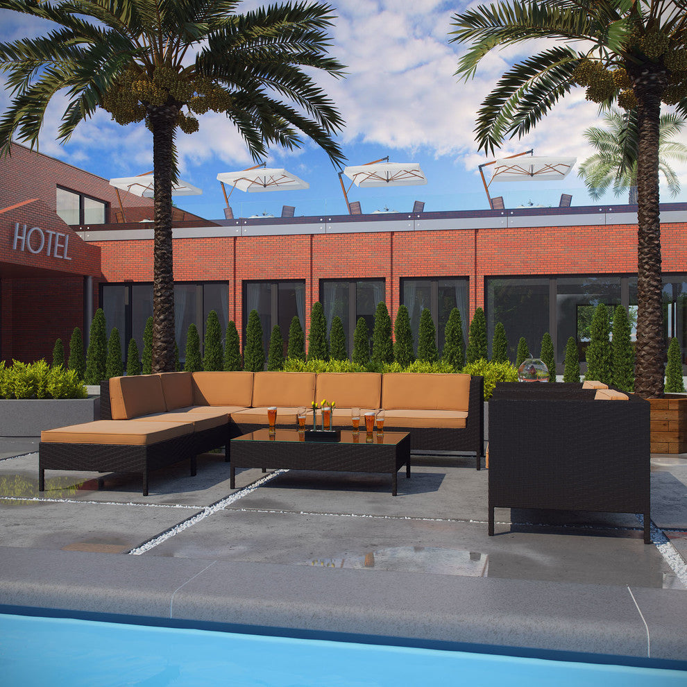 Modern Urban Outdoor Patio Rattan and Wicker Jolla 9 Pieces Sectional Set, Mocha