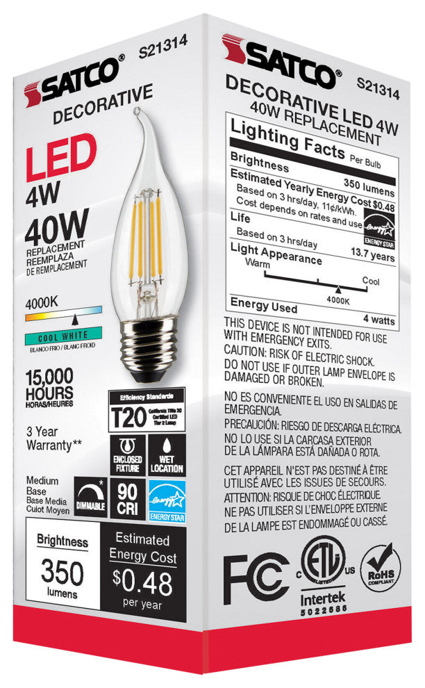 4W CA10 LED, Clear, Medium Base, 90 CRI, 4000K, 120V