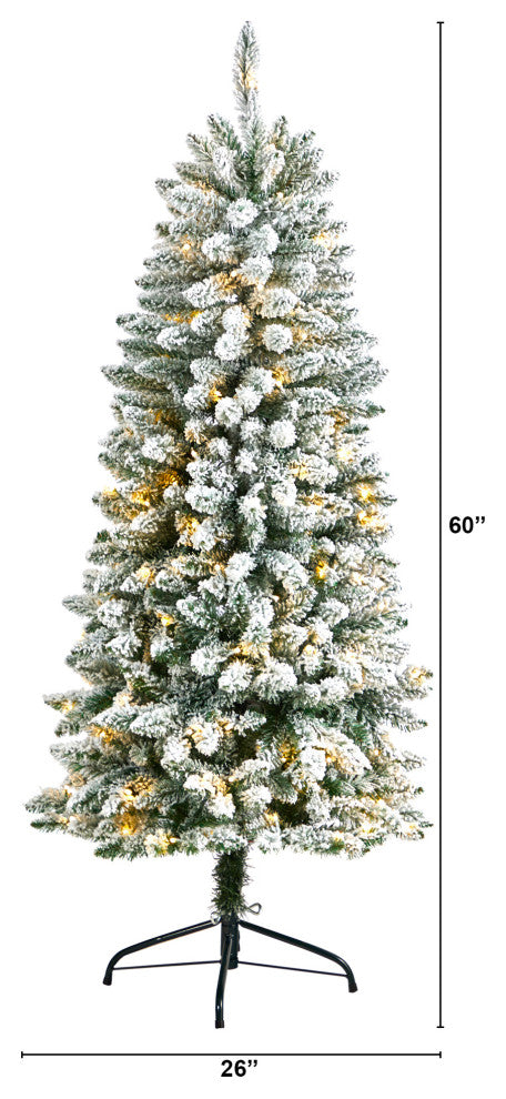 5' Slim Flocked Montreal Fir Faux Xmas Tree W/ White Lights & Bendable Branches