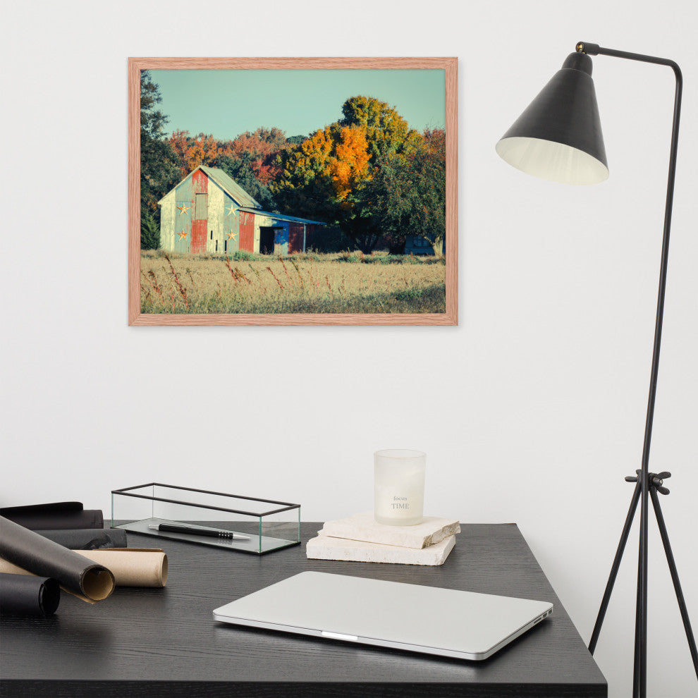 Patriotic Weathered Barn in Field Cross Processed Framed Photo Wall Art Prints, Red Oak, 16" X 20"