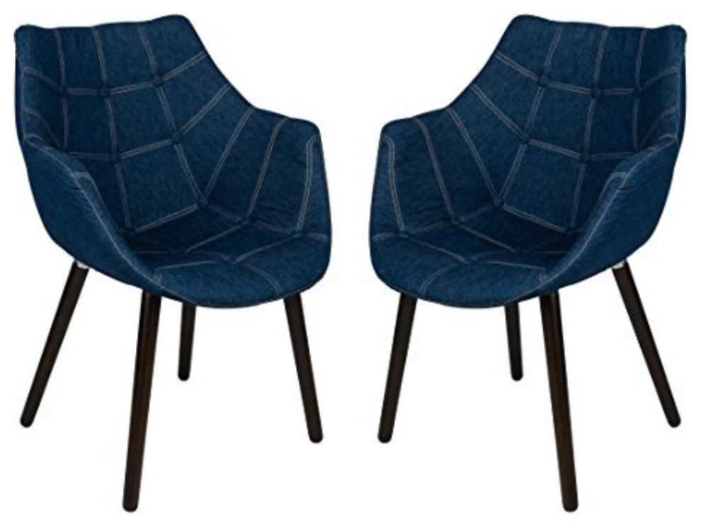 LeisureMod Milburn Tufted Denim Lounge Chair, Set of 2