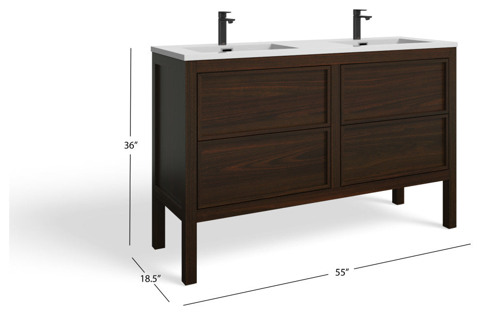The Shiloh Bathroom Vanity, Dark Walnut, 55", Double Sink, Freestanding