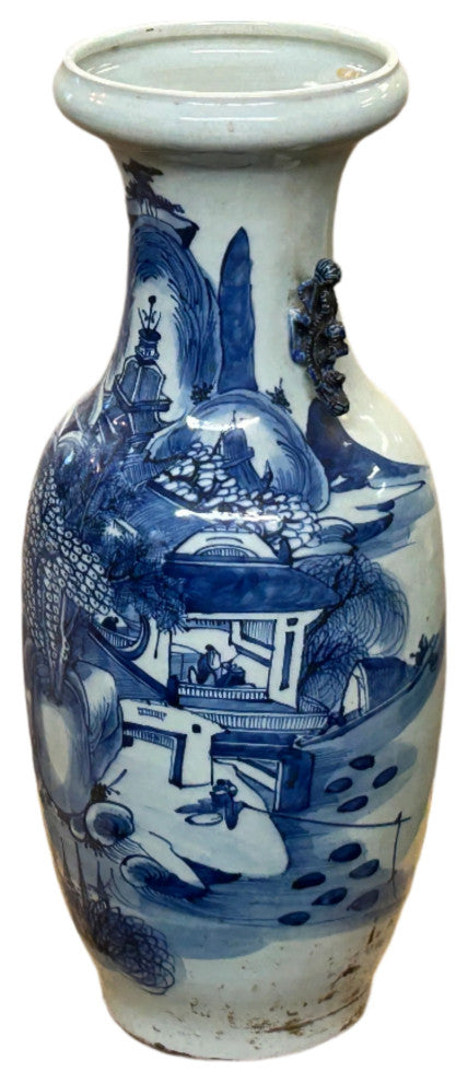23.5" Vintage Blue White Scenery Porcelain Ru Yi Ear Art Vase Hws4361