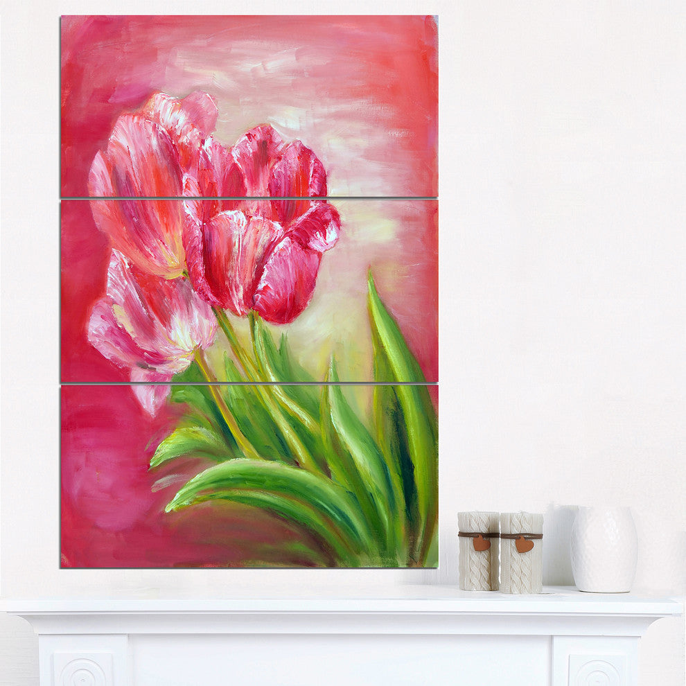 "Red Tulips in Red Background" Glossy Metal Wall Art, 3 Panels, 28"x36"