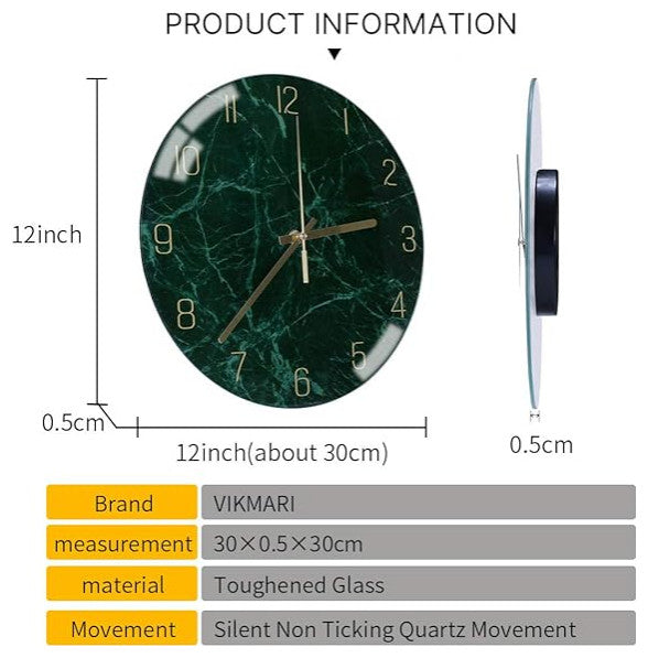 Glass Wall Clock Silent Non Ticking Wall Clock- 12" Quality Quartz Battery