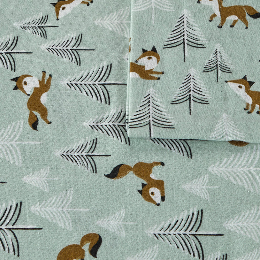 Intelligent Design Cozy Soft Cotton Flannel Printed Sheet Set, Seafoam Foxes