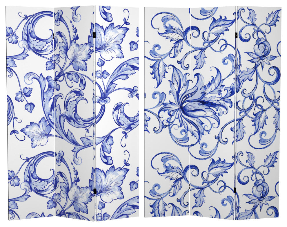 6' Tall Double Sided Blue Filigree Canvas Room Divider