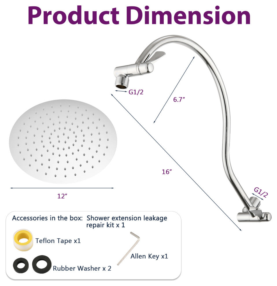 12" Rain Shower Head With 16" Adjustable Height & Distance Extension Arm, Chrome