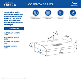 Streamline 30" Cosenza Convertible Undermount Range Hood, Grit Black