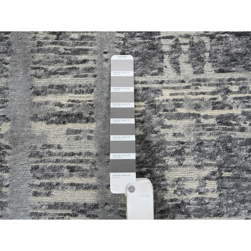 Gray Hand Spun Undyed Wool Modern Hand Knotted Wide Runner Rug, 4'1"x12'0"