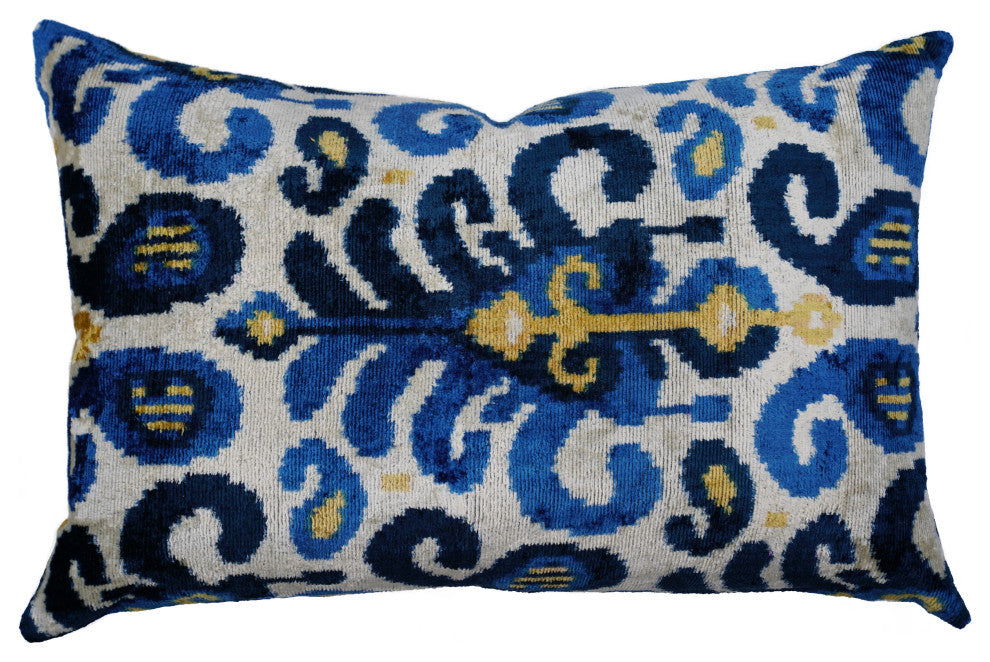 Canvello Handmade Gold Blue Velvet Throw Pillow Down Filled 16x24 in