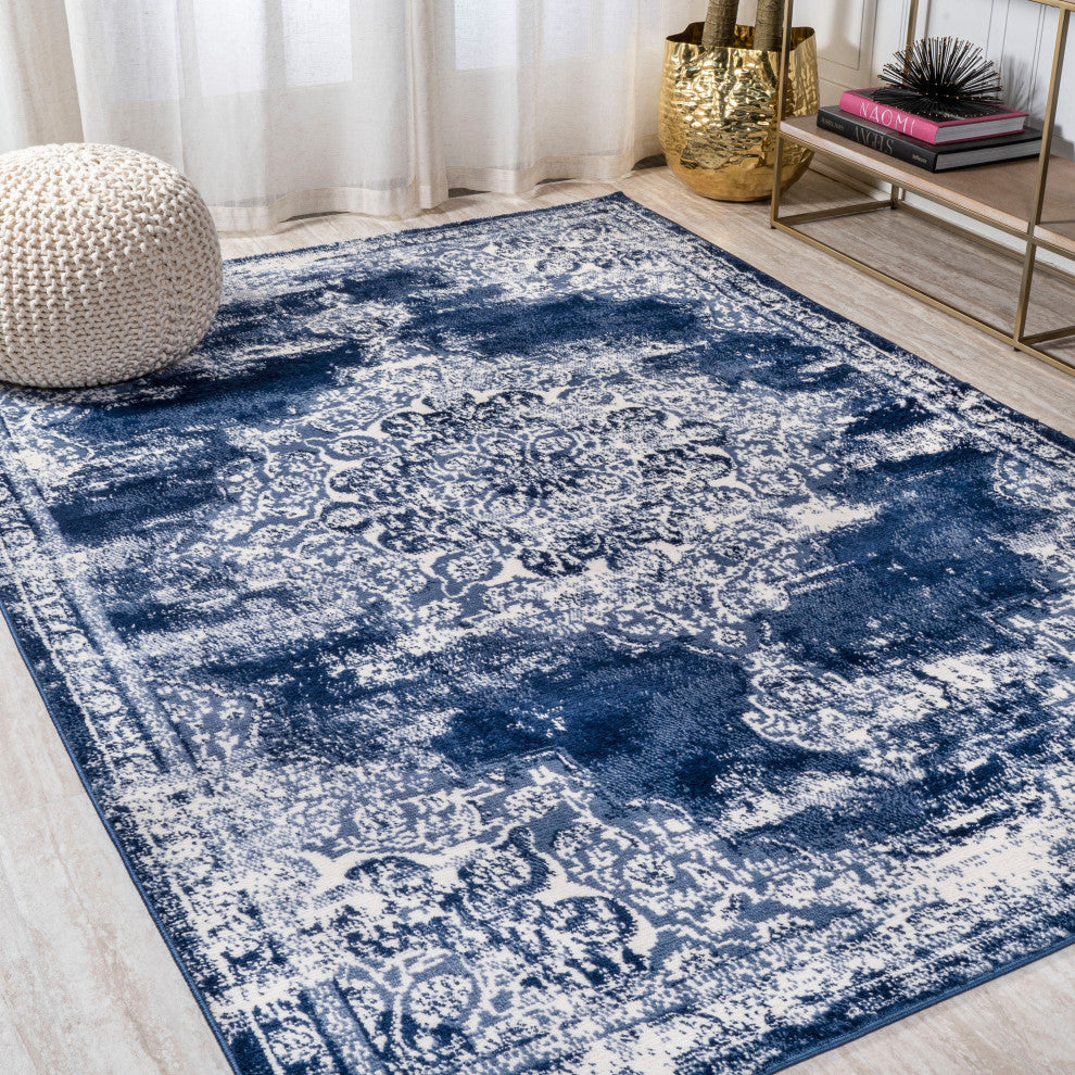 Alhambra Ornate Medallion Modern Runner Rug, Navy/Ivory, 3x5