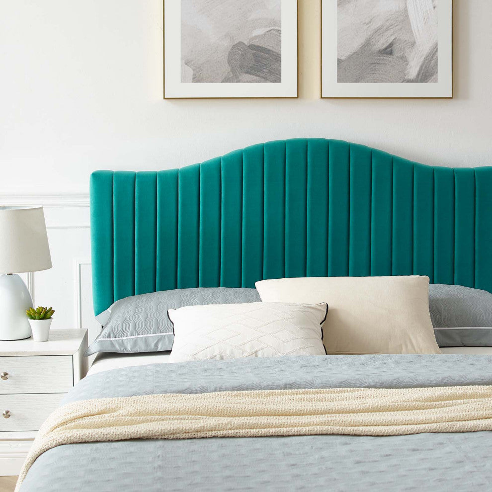 Tufted Platform Bed Frame, Full Size, Velvet, Teal Blue, Modern Contemporary