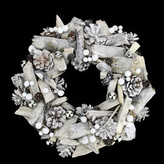 13" White Driftwood and Pine Cone Artificial Christmas Wreath, Unlit