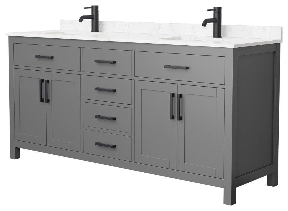 72"DBL Vanity Dark Gray, Carrara Cult. Marble Countertop, Sinks, Black Trim