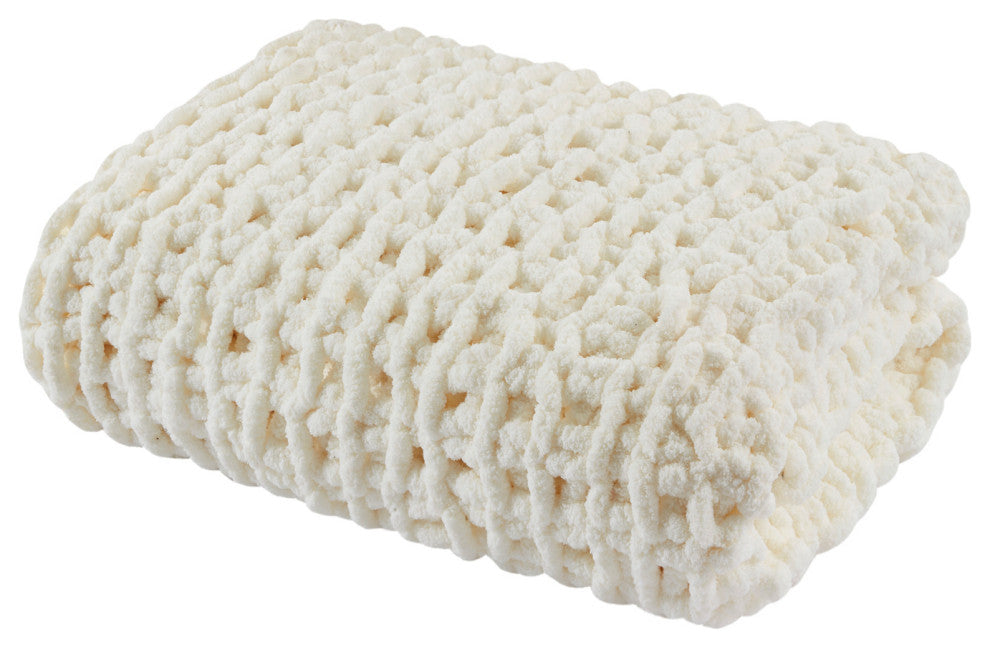 Madison Park Handmade Chenille Chunky Knit 50"x60" Throw, Ivory
