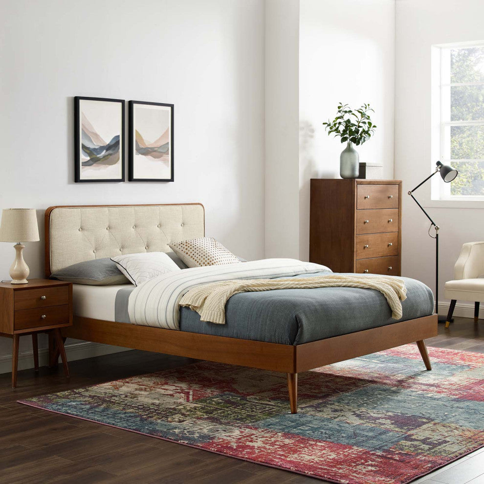Platform Bed Frame, Queen Size, Fabric, Wood, Brown Walnut Beige, Modern