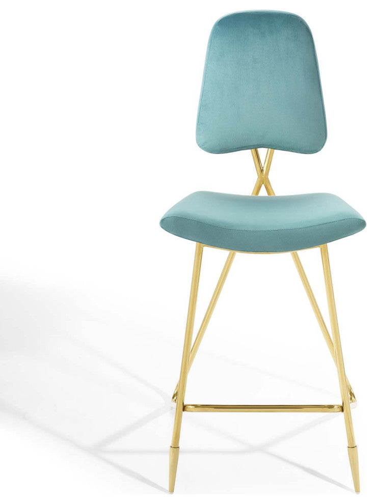 Bar Stool Chair Barstool, Set of 2, Velvet, Metal, Blue, Modern, Bar Pub Bistro