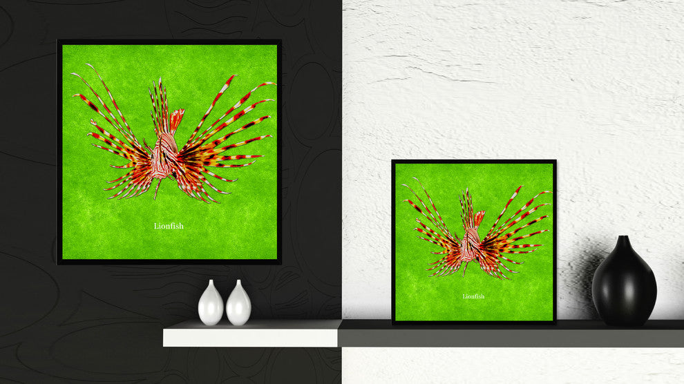 Lionfish Animal Green Print on Canvas with Picture Frame, 30"x30"