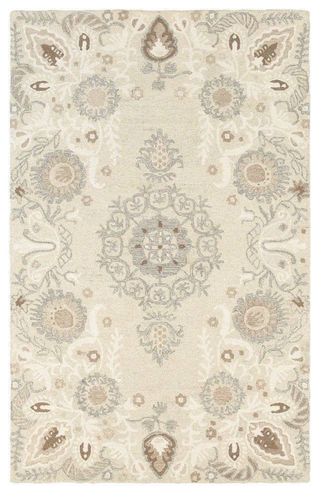 Cecilia Hand-tufted Wool Floral Medallions Sand/Ash Area Rug, 5'x8'