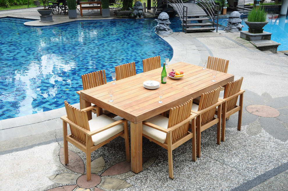 9-Piece Outdoor Teak Dining Set: 86" Rectangle Table, 8 Clip Stacking Arm Chairs