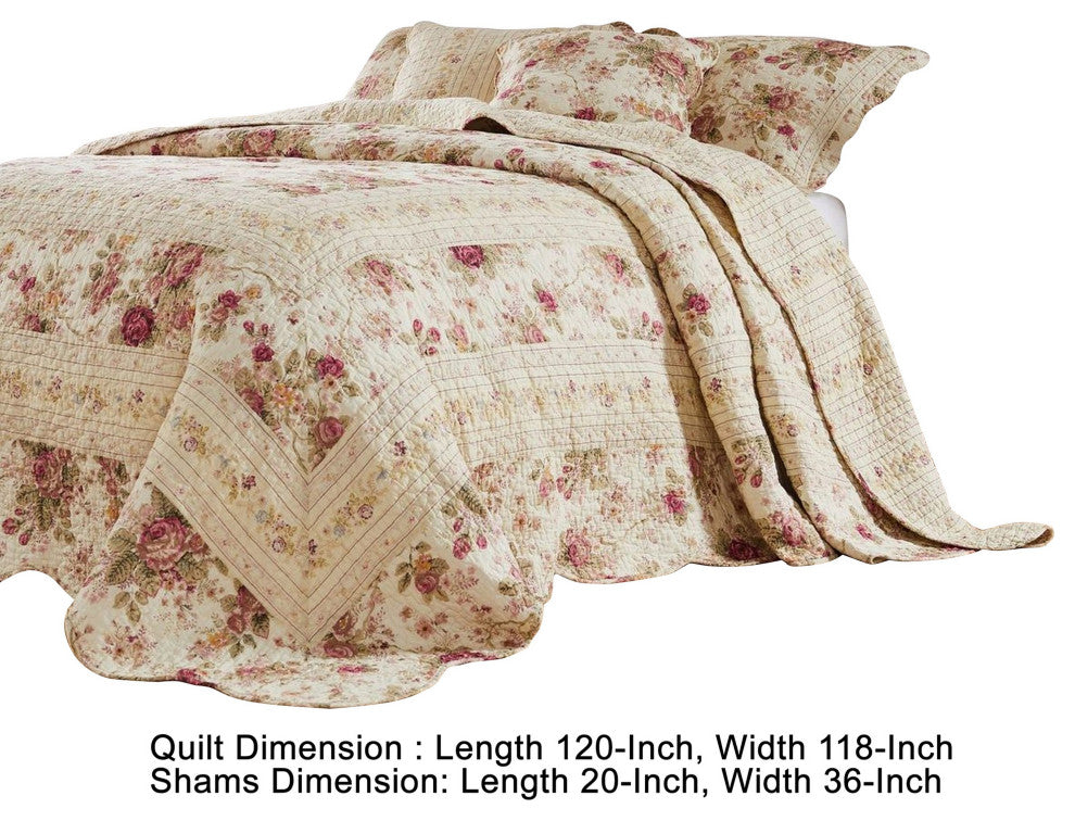 Benzara 3 Piece King Bedspread Set, Floral Print, Scalloped, Cream, Pink
