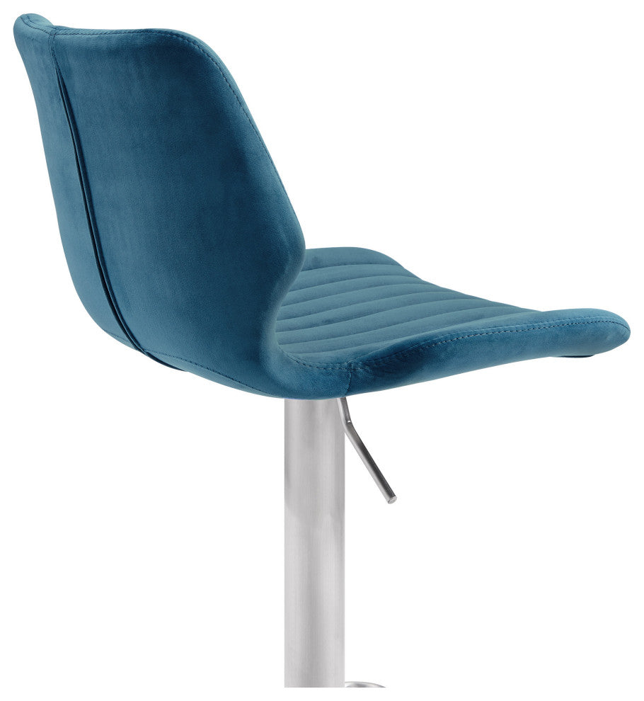 Teal Blue Velvet and Chrome Channel Adjustable Swivel Bar Stool