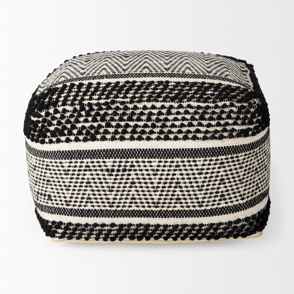 Garima 22Lx22Wx14H Black/White Wool and Cotton Patterned Pouf